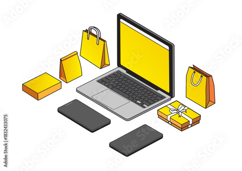 Laptop surrounded by various yellow shopping bags and gift boxes representing e-commerce and online shopping experience in a digital marketplace.