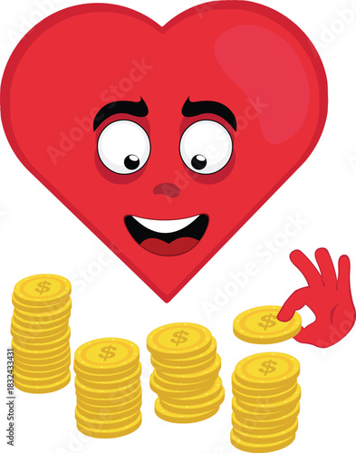 vector illustration emoticon character heart cartoon, counting a pile of coins