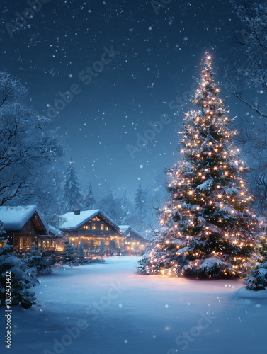 Winter village with christmas tree sparkling at night