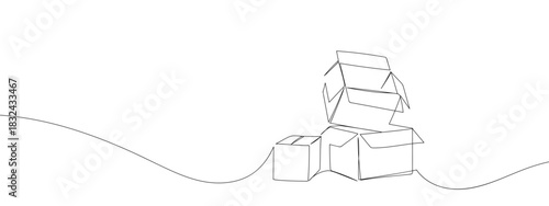 Cardboard boxes piled together in one continuous line. Vector illustration, One line art, Line art graphic style Editable stroke.