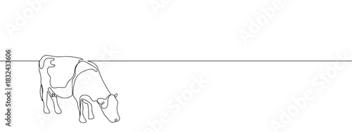 A cow is eating grass in a wide field in one continuous line. Vector illustration, One line art, Line art graphic style Editable stroke.