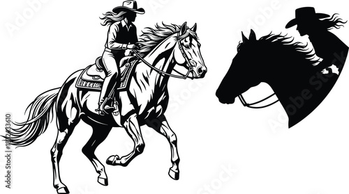 Detailed Black Silhouette Vector Illustration of a Cowgirl Riding a Horse at a Gallop, Ideal for Western Themes, Rodeo Events, Equestrian Sport, and Horseback Riding Graphics