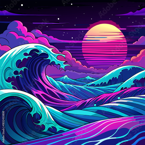Retro Synthwave Ocean Waves Neon Sunset Landscape Isolated background