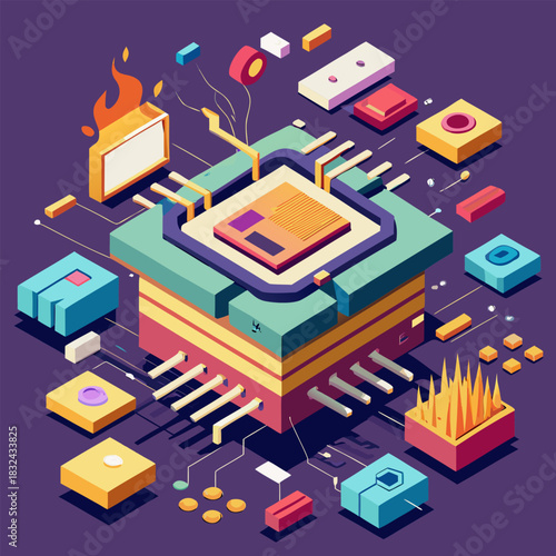 Isometric Digital Processor Chip Technology Computing Concept with vector illustration