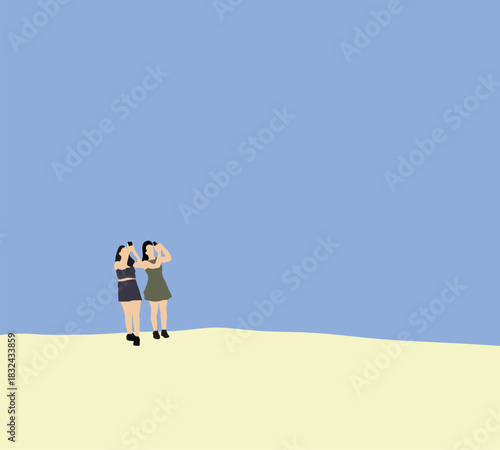 Women use smartphone take photo on blue sky. Travel summer holiday vacation. Nature outdoor activity.