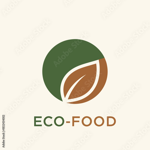 Eco Food Logo Design with Green Circle and Brown Leaf.