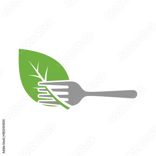 Green leaf and fork logo representing healthy vegan food options.