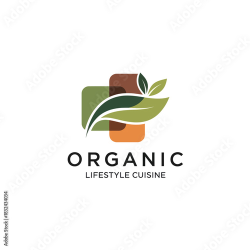 Organic Lifestyle Cuisine Logo with Green Leaves and Geometric Shapes.