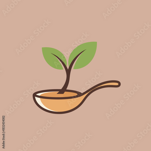 A sprout growing from a spoon symbolizing healthy food and growth.