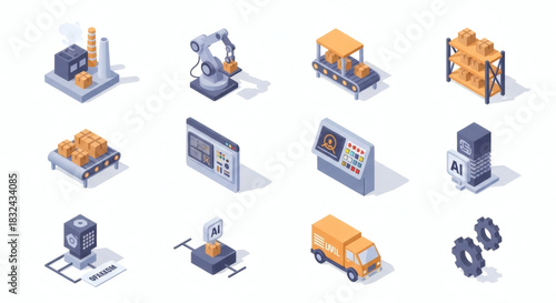 Comprehensive Isometric Icon Set Representing Industry 4.0, Smart Manufacturing, and Automated Logistics Systems with AI and Robotics Elements