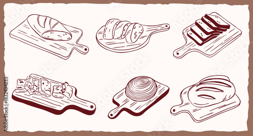 breads on a cutting board hand drawn doodle collection set