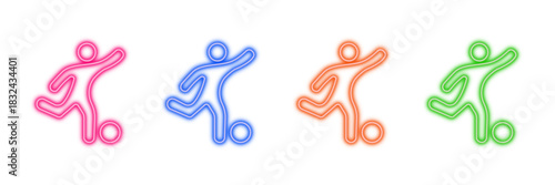 Neon glowing soccer player vector icons set, football, sport, game, athlete, competition, exercise, vibrant colorful digital illustration.