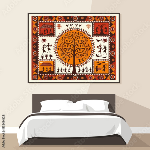 A bedroom setting showcasing a framed tribal art piece above the bed headboard