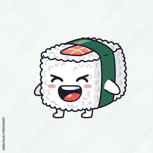 A cute and happy sushi roll character with a salmon topping, smiling widely.