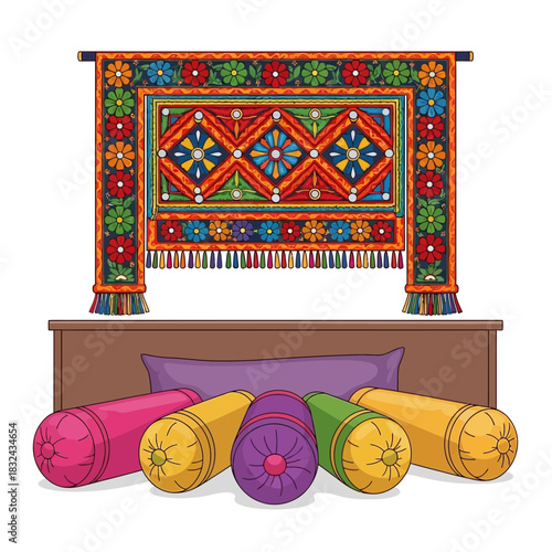 Artistic bedroom scene with vibrant rug and eclectic cylindrical pillows