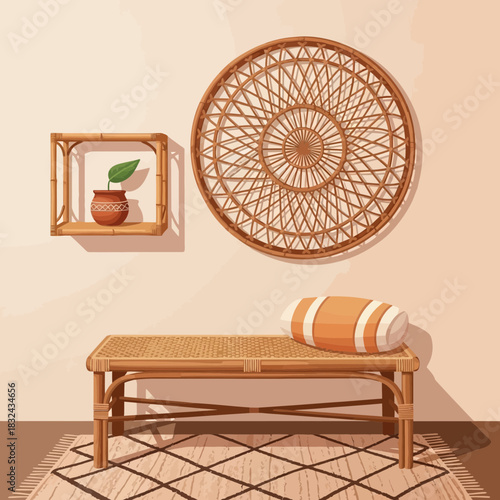 Bohemian Style Interior Design with Wicker Accents and Earthy Color Palette
