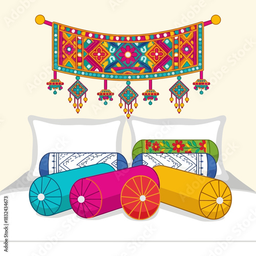 Colorful Asian Decorative Hanging and Bolster Pillows in a Bedroom Setup