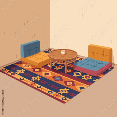 Cozy Moroccan Lounge Area with Decorative Rug and Low Seating cushions