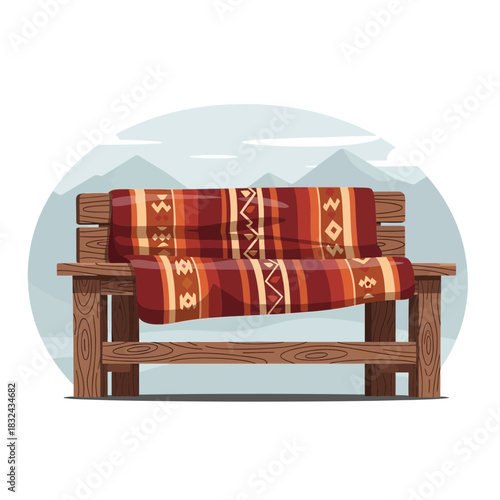 Cozy wooden bench with patterned blanket against a mountain backdrop