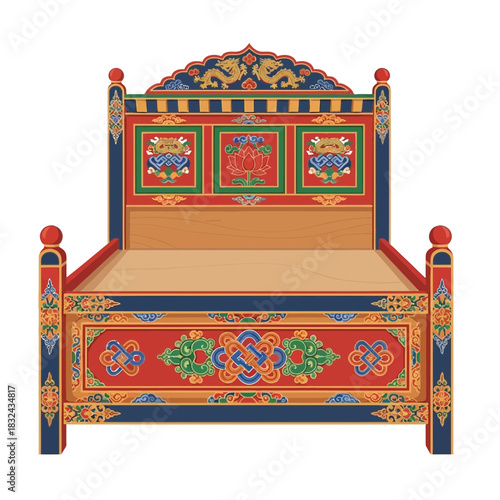 Exquisite Bed with Traditional Tibetan Artistry, Detailed Ornate Ornamentation