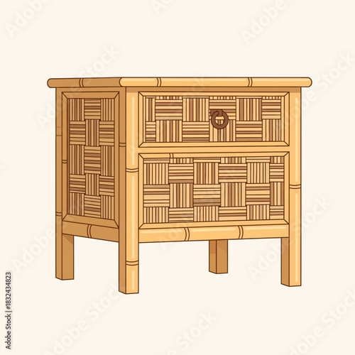 Handcrafted bamboo nightstand with woven textures in a vintage style