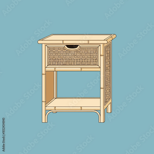 Illustration of an antique-style bamboo bedside table for bedroom furniture