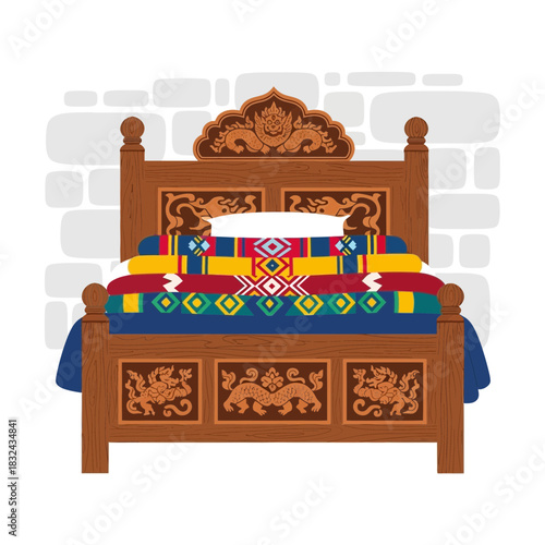 Illustrative Bhutanese Bed Frame Featuring Carved Dragons and Brick Backdrop