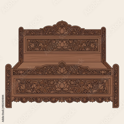 Intricate Carved Wooden Bed Frame Depicting Floral Patterns and Ornamental Details