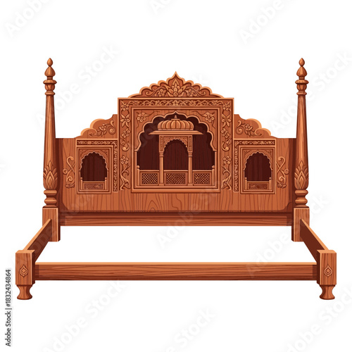 Intricate Carved Wooden Bed Frame with Detailed Architectural Elements