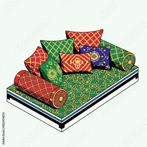 Intricate Cushion Arrangement on Platform with Ornate Pattern Details