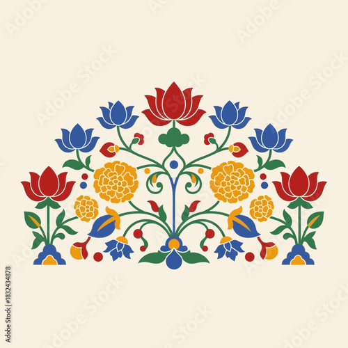 Intricate floral composition in symmetrical arrangement with colorful blooms