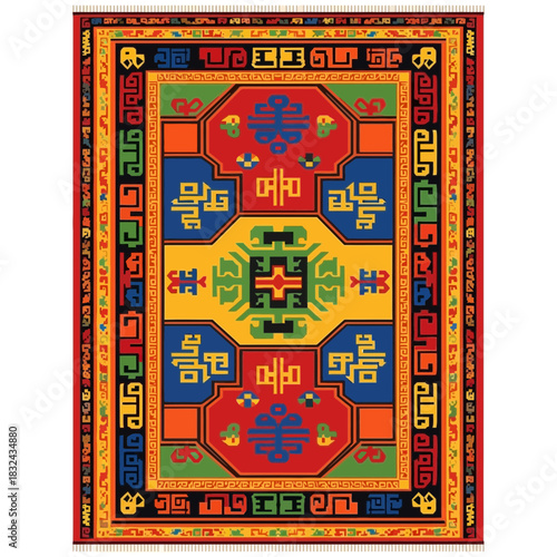 Intricate design of an ornate multicolor rug with detailed geometric motifs