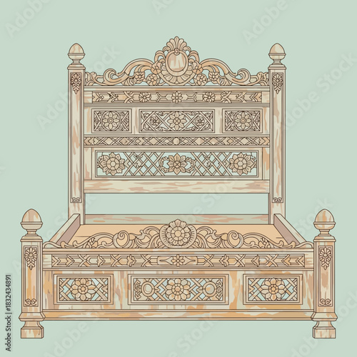 Intricate floral ornamented classic furniture illustration, bedding concept