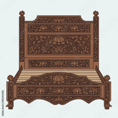 Ornate wooden bed with carved lotus pattern for luxurious bedroom decor