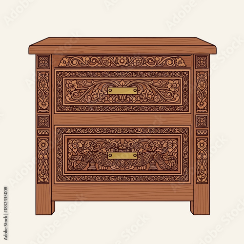 Ornate wooden bedside table with floral carving artwork vector illustration