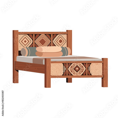 Stylized Wooden Bed Frame with Indigenous Geometric Designs and Cylinder Pillows