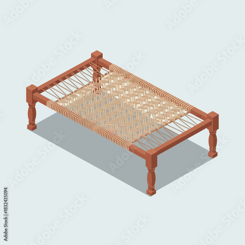 Traditional woven charpai bed illustration, isometric view, for cultural themes