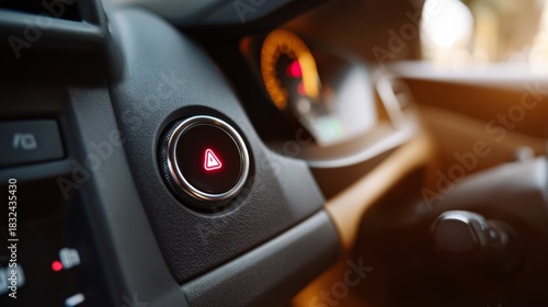 Close-up of a car's hazard light button with a glowing red indicator, emphasizing vehicle safety.