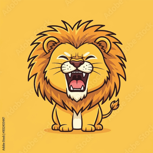 A cute cartoon lion with a big mane and an open mouth, sitting against a yellow background.