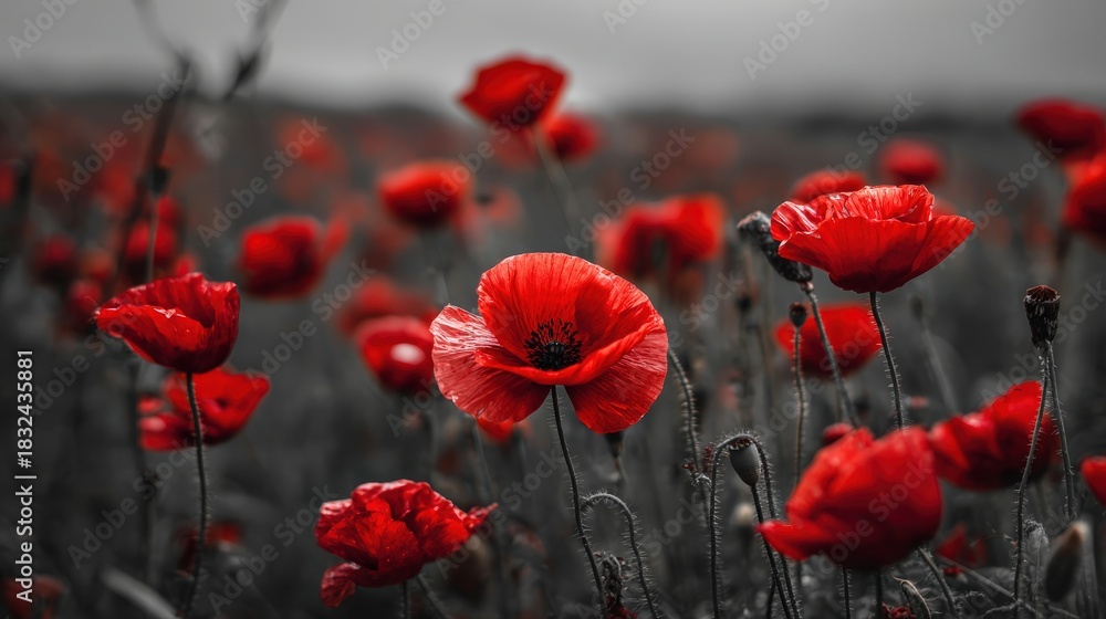 Fototapeta premium Vibrant red blossoms contrast sharply against a muted monochrome field background