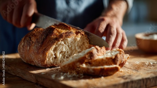 A person slicing freshly baked artisanal bread on a wooden cutting board in warm, inviting light.