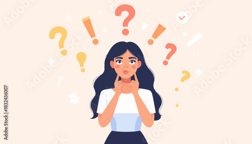 Confused Woman Surrounded by Questions and Exclamations Illustration