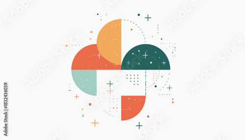 Modern vector graphic design featuring a segmented circular shape with abstract geometric patterns, lines, and dots on a clean white background