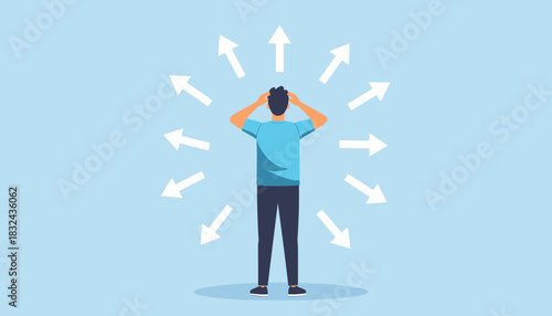 Confused man standing at a crossroads with arrows pointing in different directions, symbolizing life choices, opportunities, and uncertainty about the future