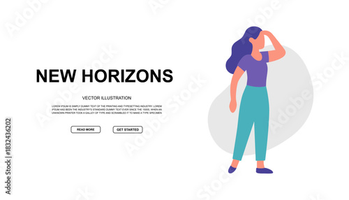 Standing woman shading her eyes, gazing ahead. Colorful modern style for exploration and new horizons themes