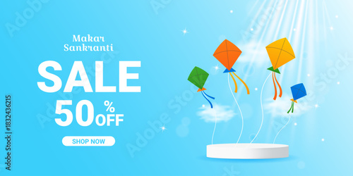 Happy Makar Sankranti sale horizontal banner design. Special offer 50 percent off discount for holiday season template with colorful flying kites, podium. Vector illustration