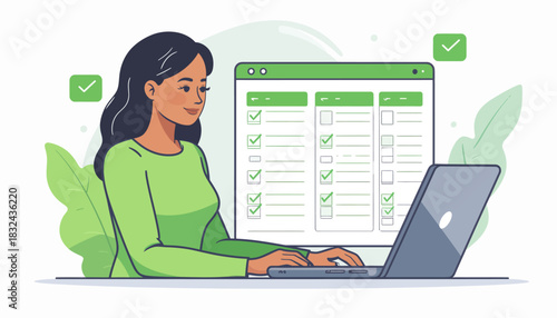 Woman using a laptop to complete a checklist with a green theme and check marks on a white background