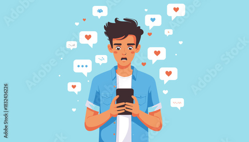 Worried Man Surrounded by Social Media Notifications on a Mobile Device