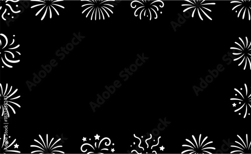 White hand drawn fireworks frame. Explosion border illustration for celebrations and events