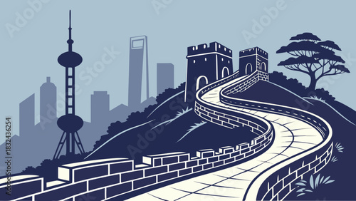 Shanghai skyline vector with great wall blend, ideal for travel brochures, city guides, or chinese culturethemed designs.
